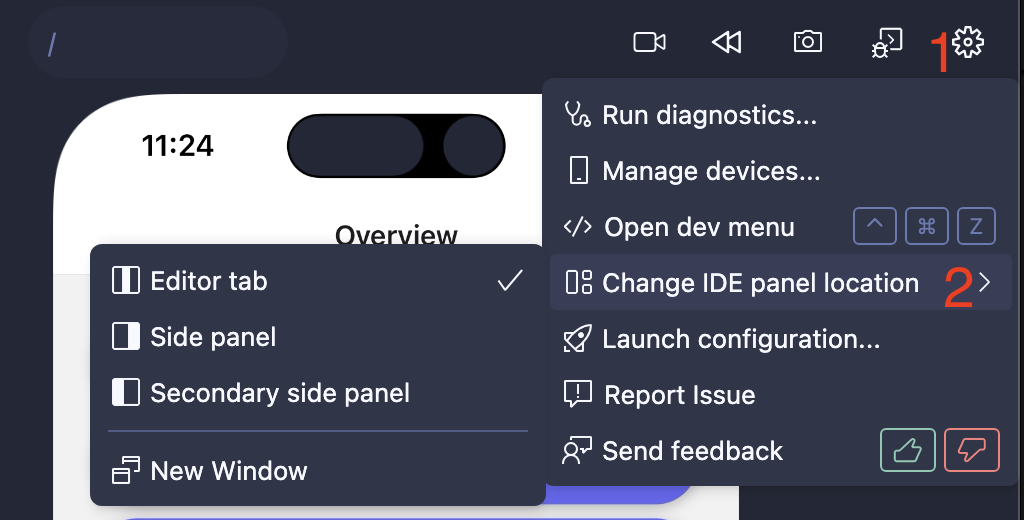 Dropdown menu showing options to change Radon IDE panel location between editor tab, new window, and side panel